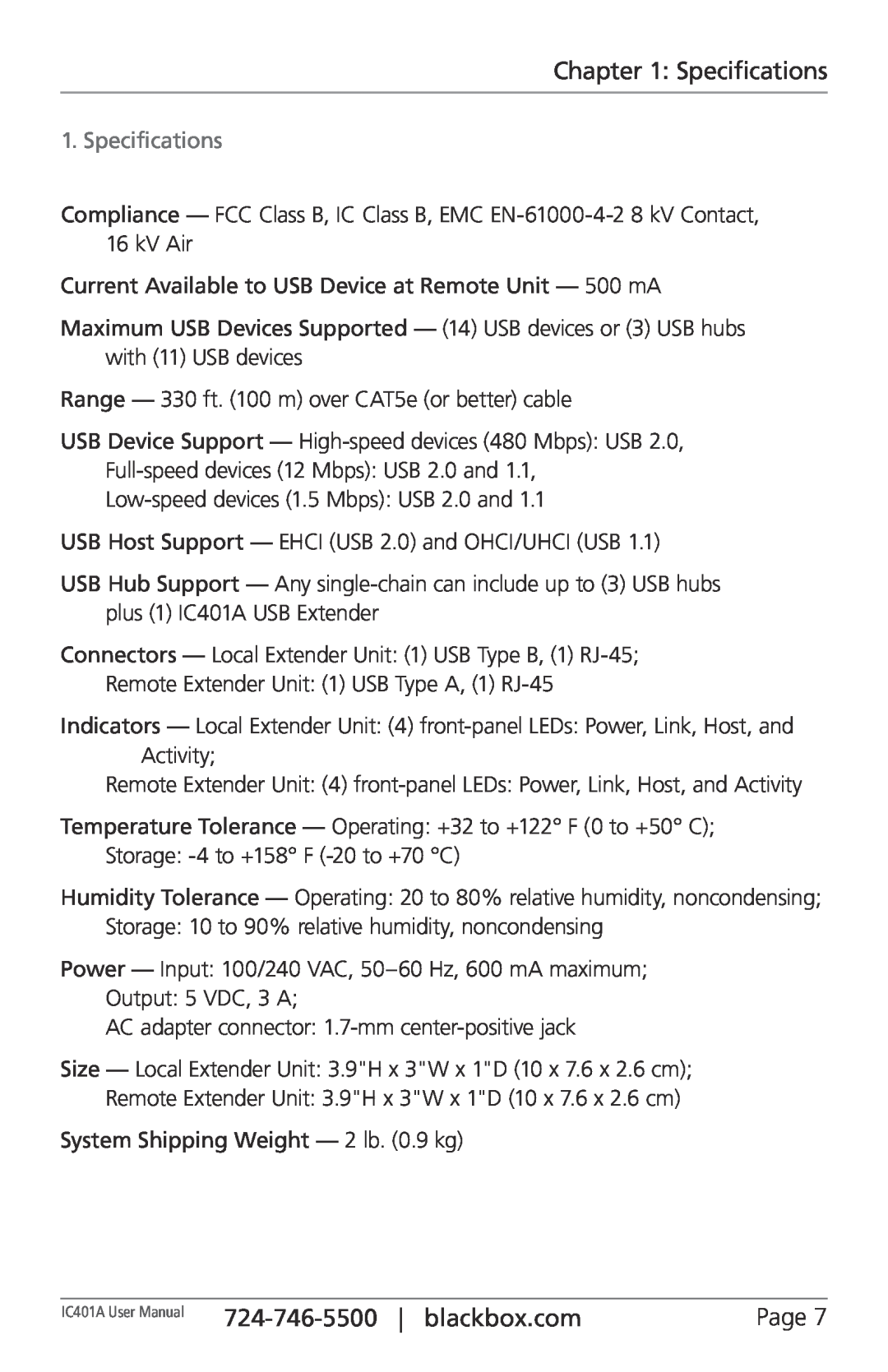 Black Box 1-Port CAT5 USB 2.0 Extender User Manua, IC401A user manual Specifications, blackbox.com 