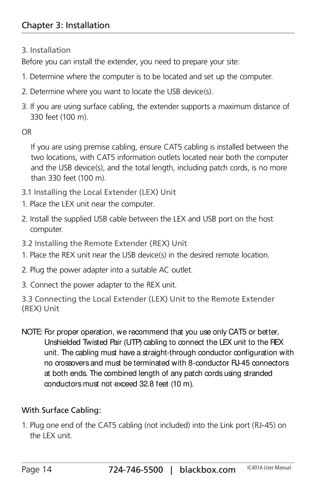 Black Box IC401A user manual Installation, Installing the Local Extender LEX Unit, Installing the Remote Extender REX Unit 