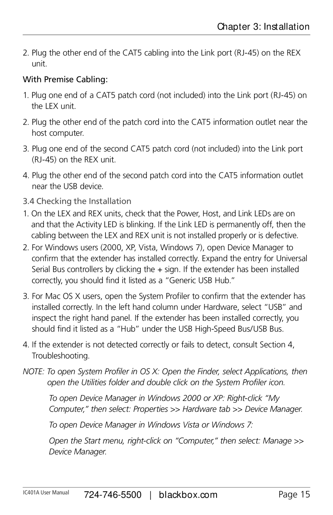 Black Box 1-Port CAT5 USB 2.0 Extender User Manua, IC401A user manual Checking the Installation 