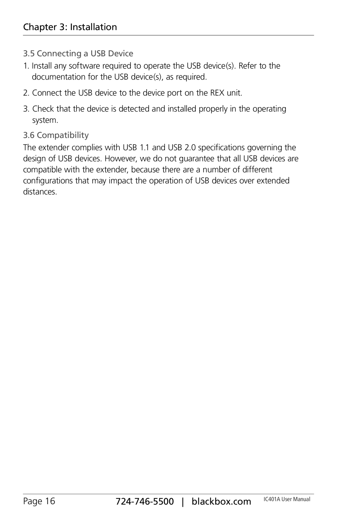 Black Box IC401A, 1-Port CAT5 USB 2.0 Extender User Manua user manual Connecting a USB Device, Compatibility 