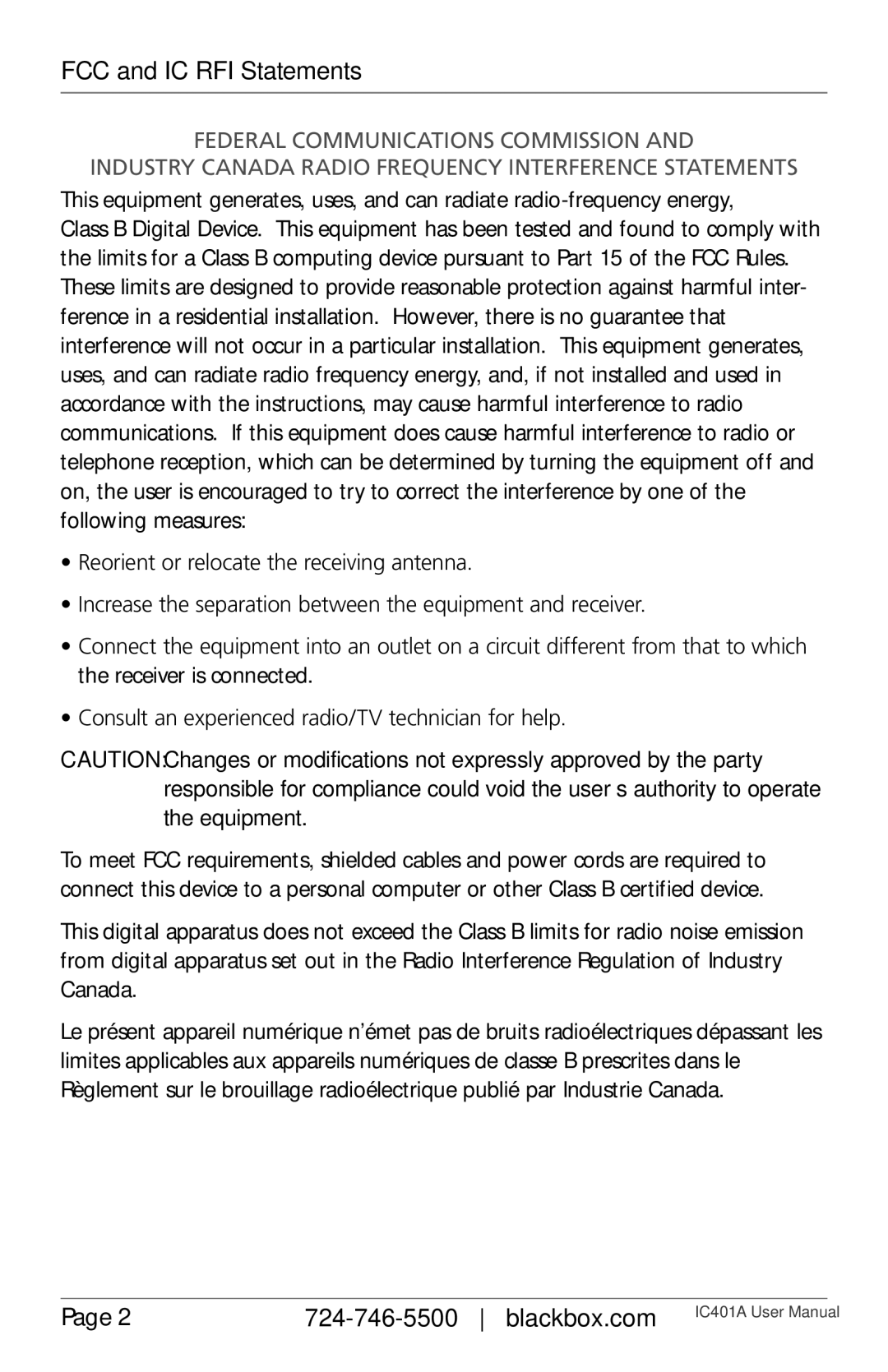 Black Box IC401A, 1-Port CAT5 USB 2.0 Extender User Manua user manual FCC and IC RFI Statements, Blackbox.com 