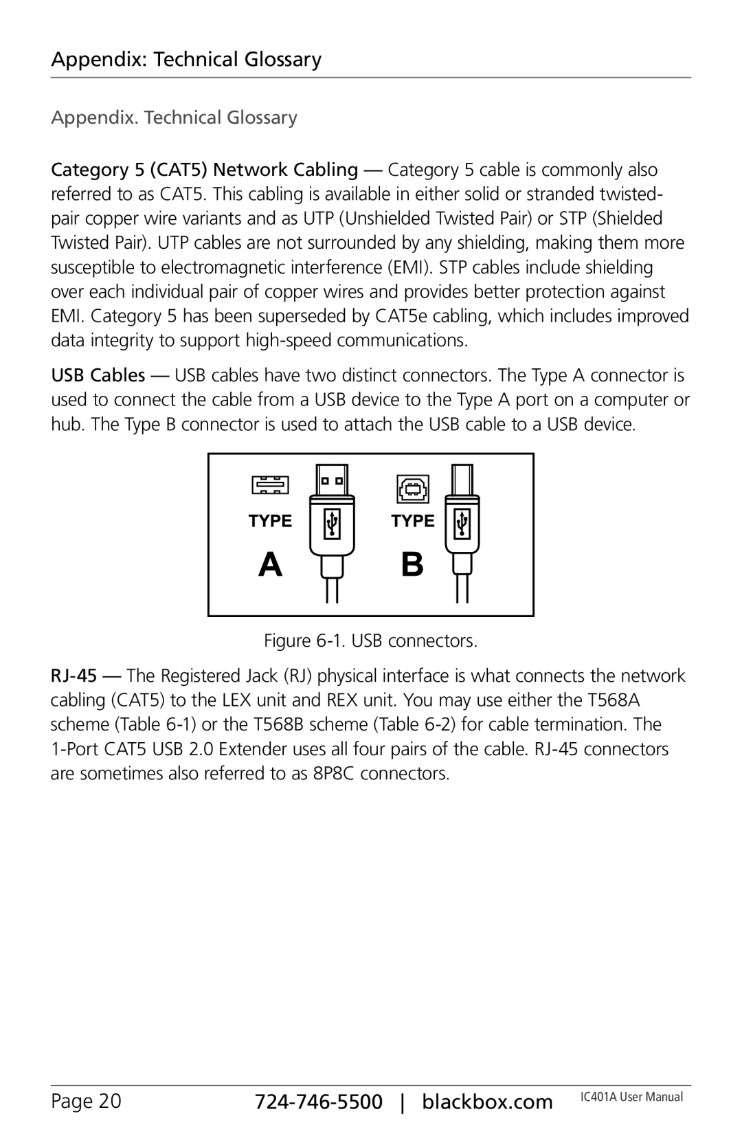 Black Box IC401A, 1-Port CAT5 USB 2.0 Extender User Manua Appendix Technical Glossary, Appendix. Technical Glossary 