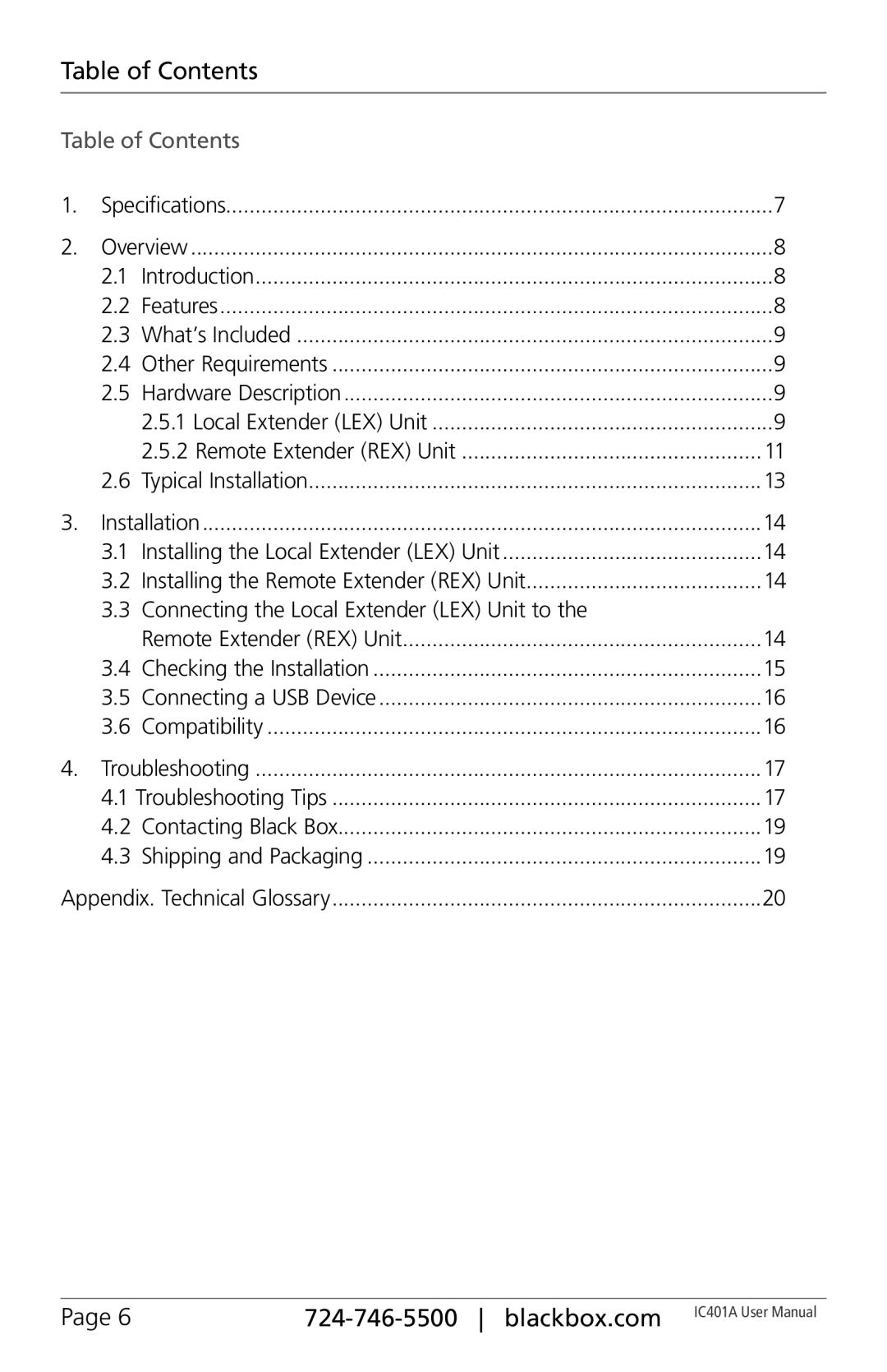 Black Box IC401A, 1-Port CAT5 USB 2.0 Extender User Manua user manual Table of Contents 