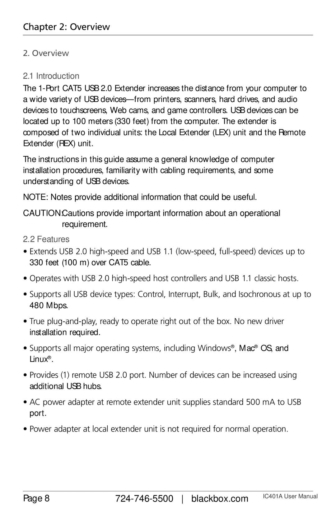 Black Box IC401A, 1-Port CAT5 USB 2.0 Extender User Manua user manual Overview Introduction, Features 