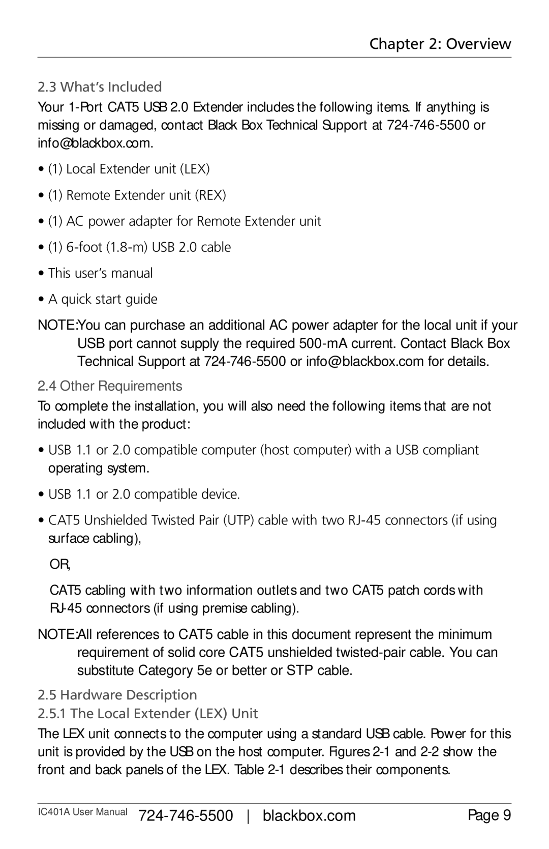 Black Box 1-Port CAT5 USB 2.0 Extender User Manua, IC401A user manual What’s Included, Other Requirements 