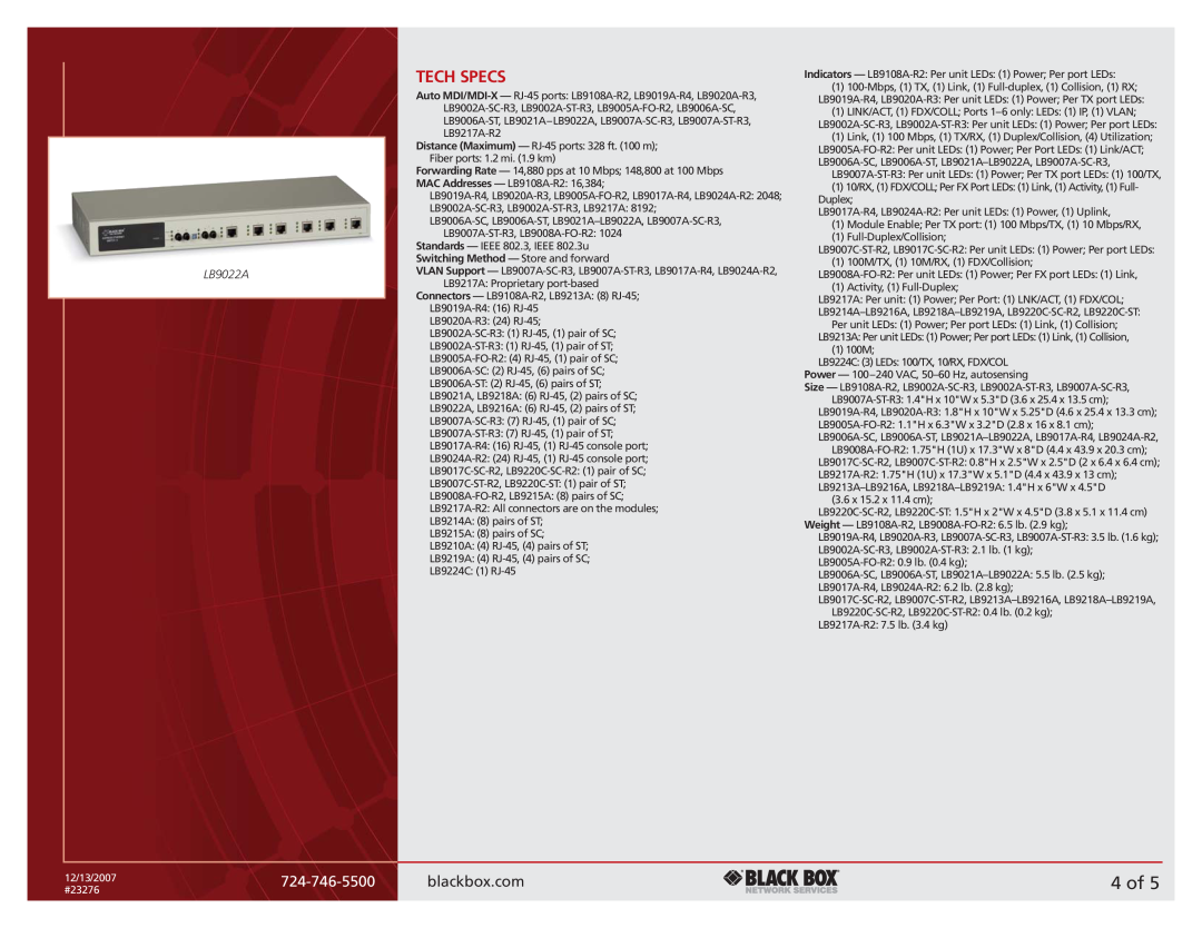 Black Box 10-/100-Mbps manual 4 of, Tech Specs, 724-746-5500, blackbox.com, LB9022A 