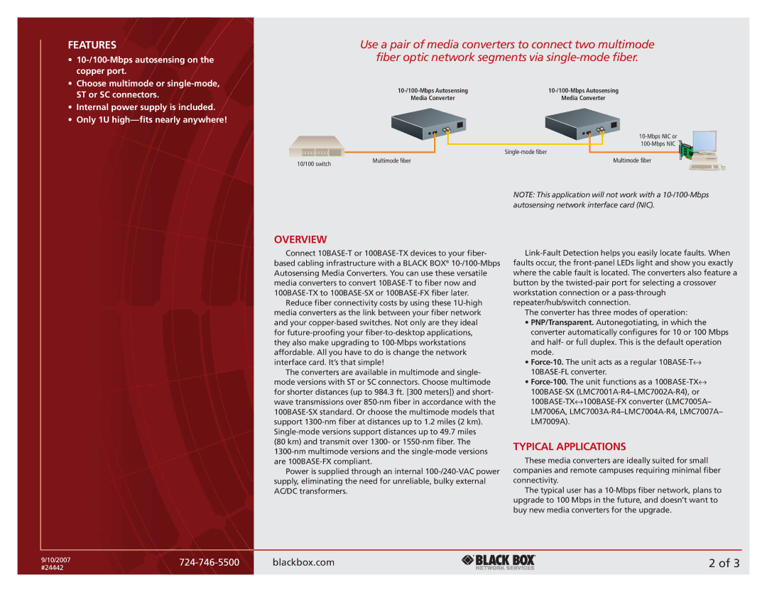 Black Box 100BASE-TX manual Overview, Typical Applications 