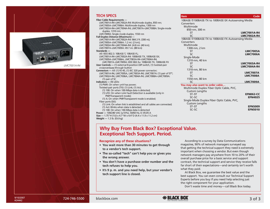 Black Box 100BASE-TX Tech Specs, Fiber Cable Requirements, Full-Duplex Distance Maximum, Standards, Indicators 9 LEDs 