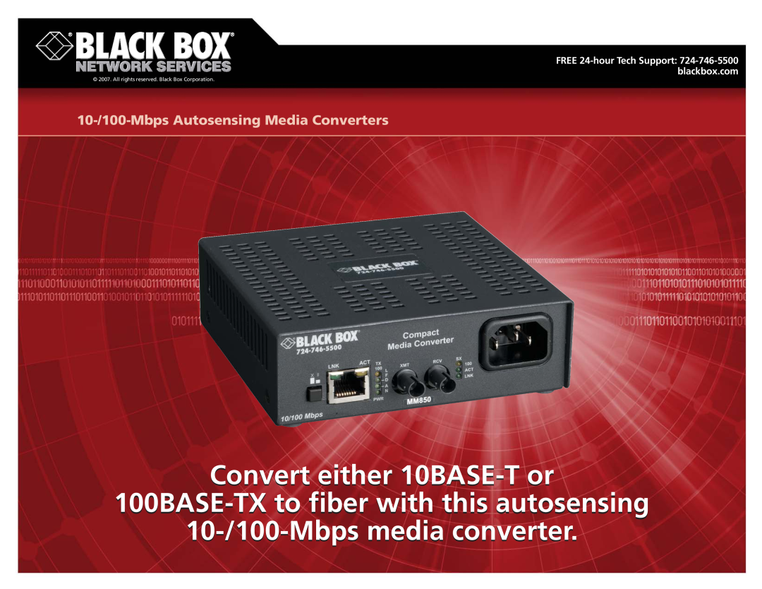 Black Box 100BASE-TX manual FREE 24-hour Tech Support 724-746-5500 blackbox.com, 10-/100-Mbps media converter 