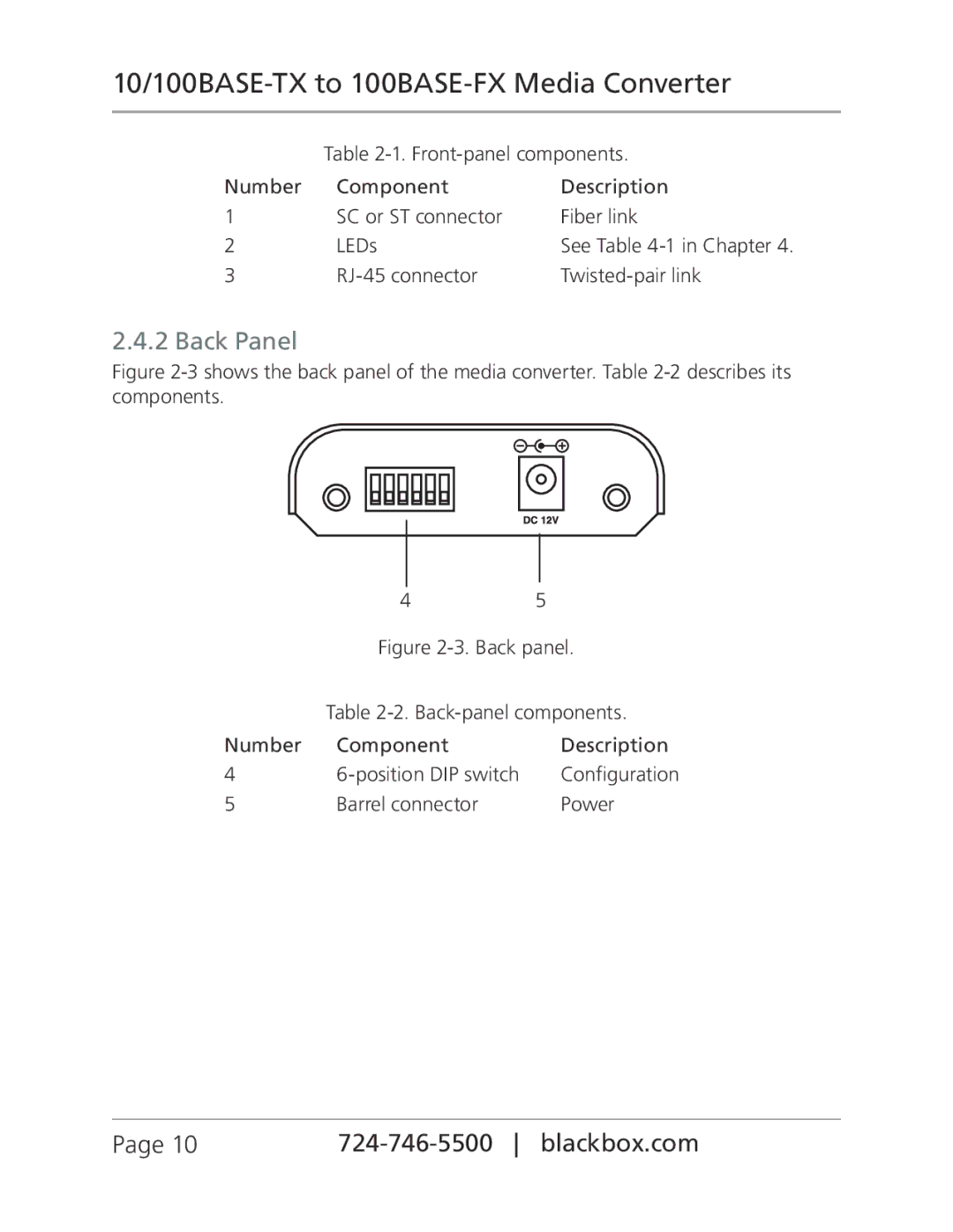 Black Box LBMC300-MMST, LBMC300-MMSC, 10/100BASE-TX to 100BASE-FX Media Converter manual Back Panel, Back panel 