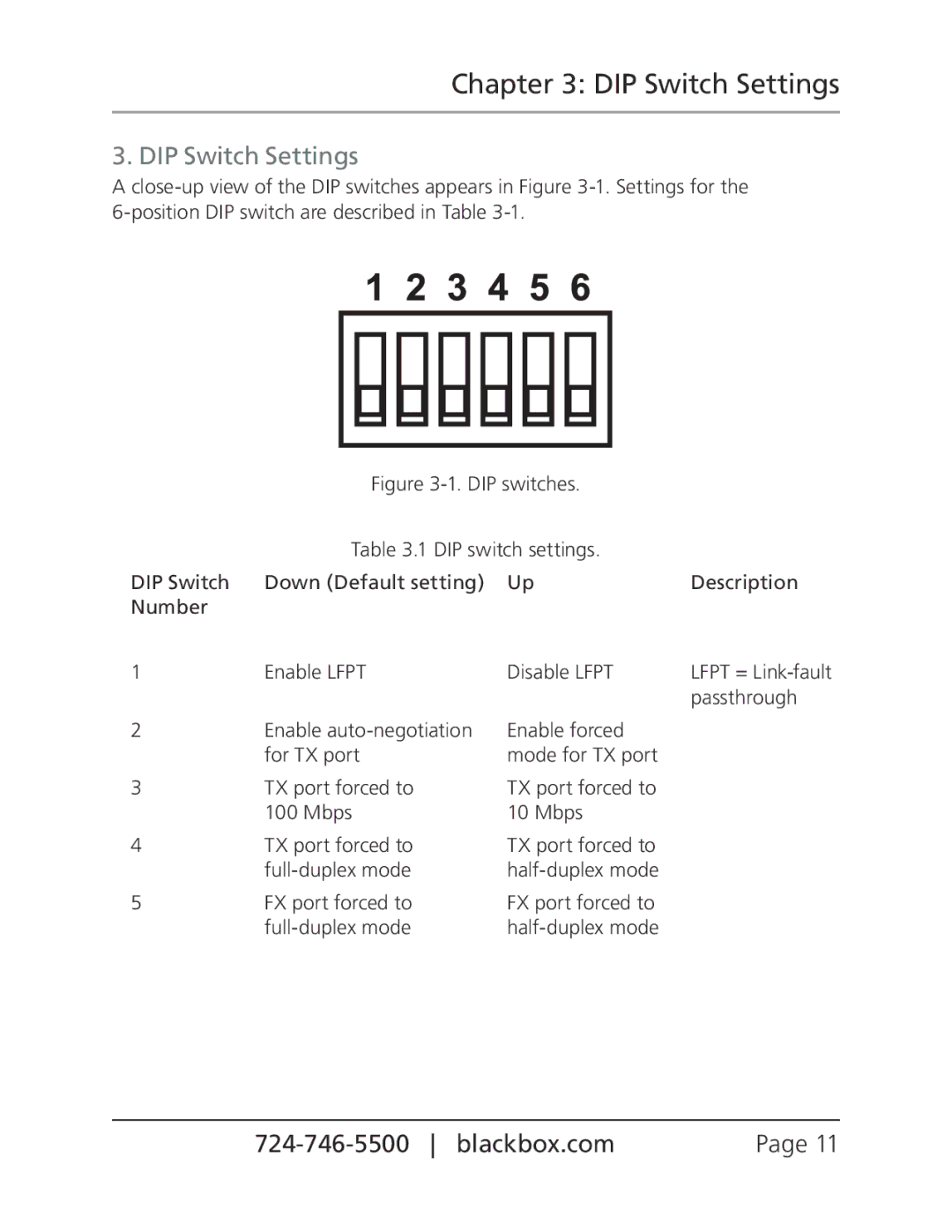 Black Box 10/100BASE-TX to 100BASE-FX Media Converter, LBMC300-MMSC, LBMC300-MMST manual DIP Switch Settings 