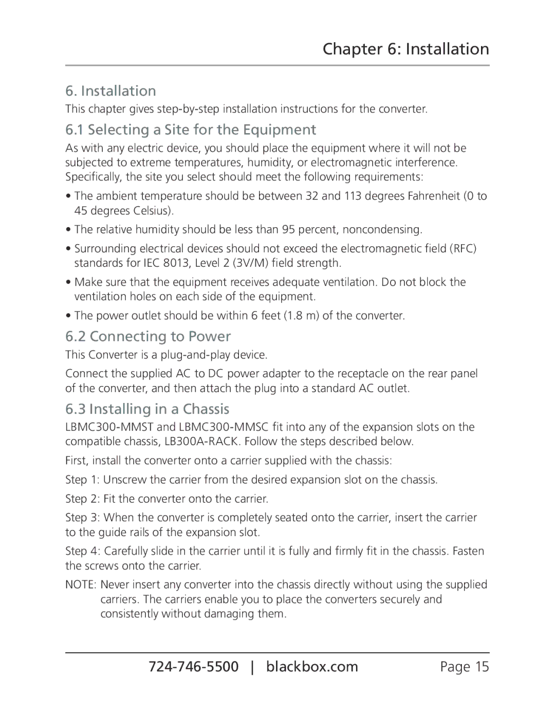 Black Box LBMC300-MMSC Installation, Selecting a Site for the Equipment, Connecting to Power, Installing in a Chassis 