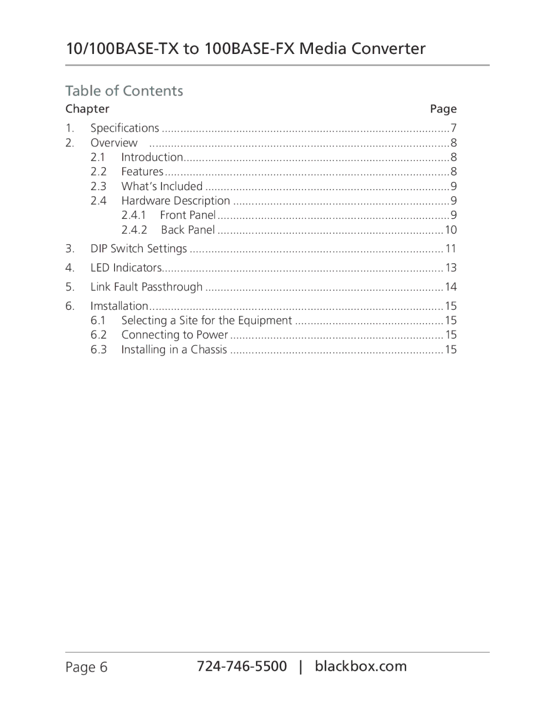 Black Box LBMC300-MMSC, LBMC300-MMST, 10/100BASE-TX to 100BASE-FX Media Converter manual Table of Contents 