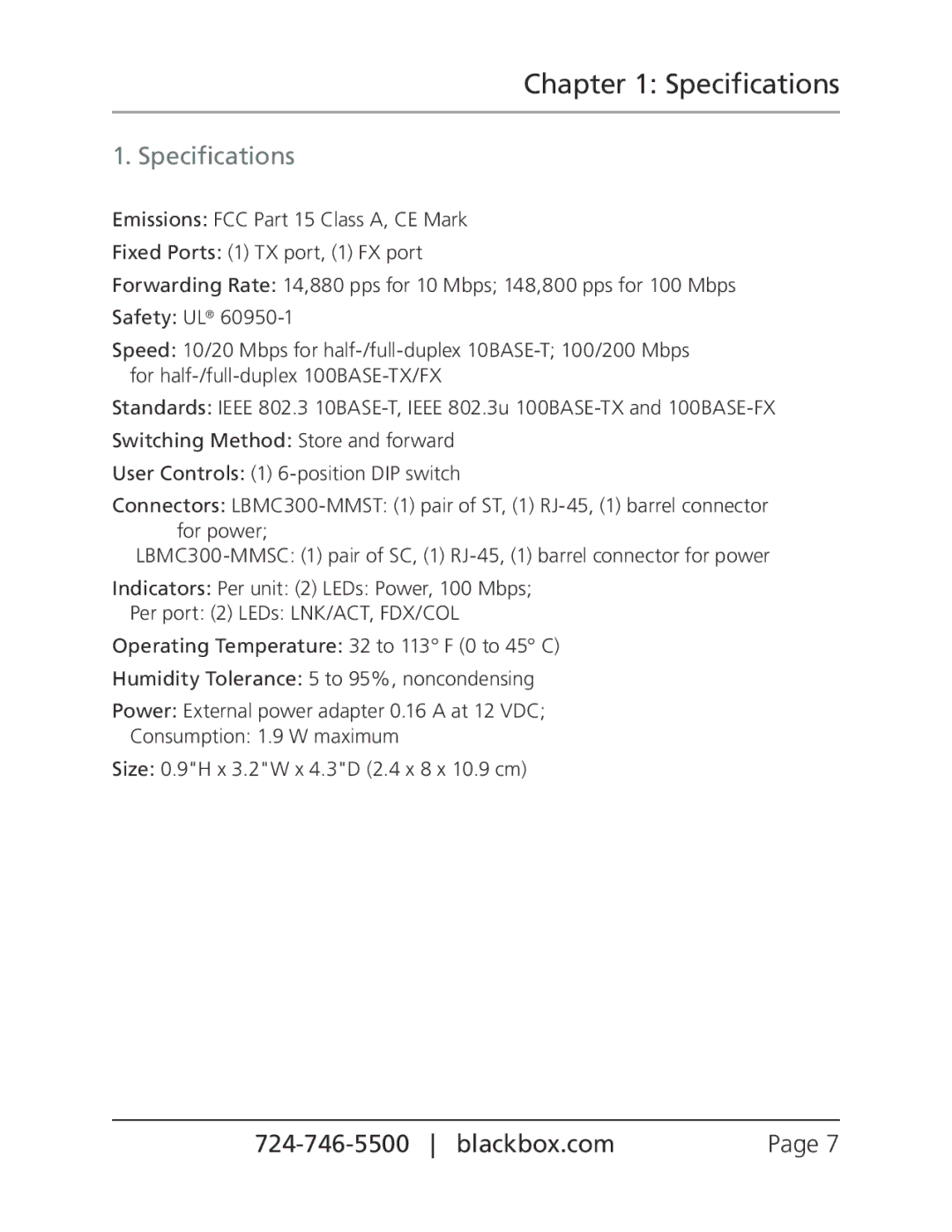 Black Box LBMC300-MMST, LBMC300-MMSC, 10/100BASE-TX to 100BASE-FX Media Converter manual Specifications 