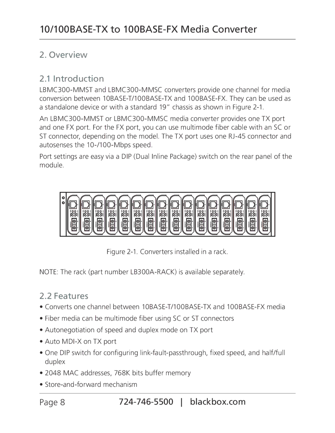 Black Box 10/100BASE-TX to 100BASE-FX Media Converter, LBMC300-MMSC, LBMC300-MMST manual Overview Introduction, Features 