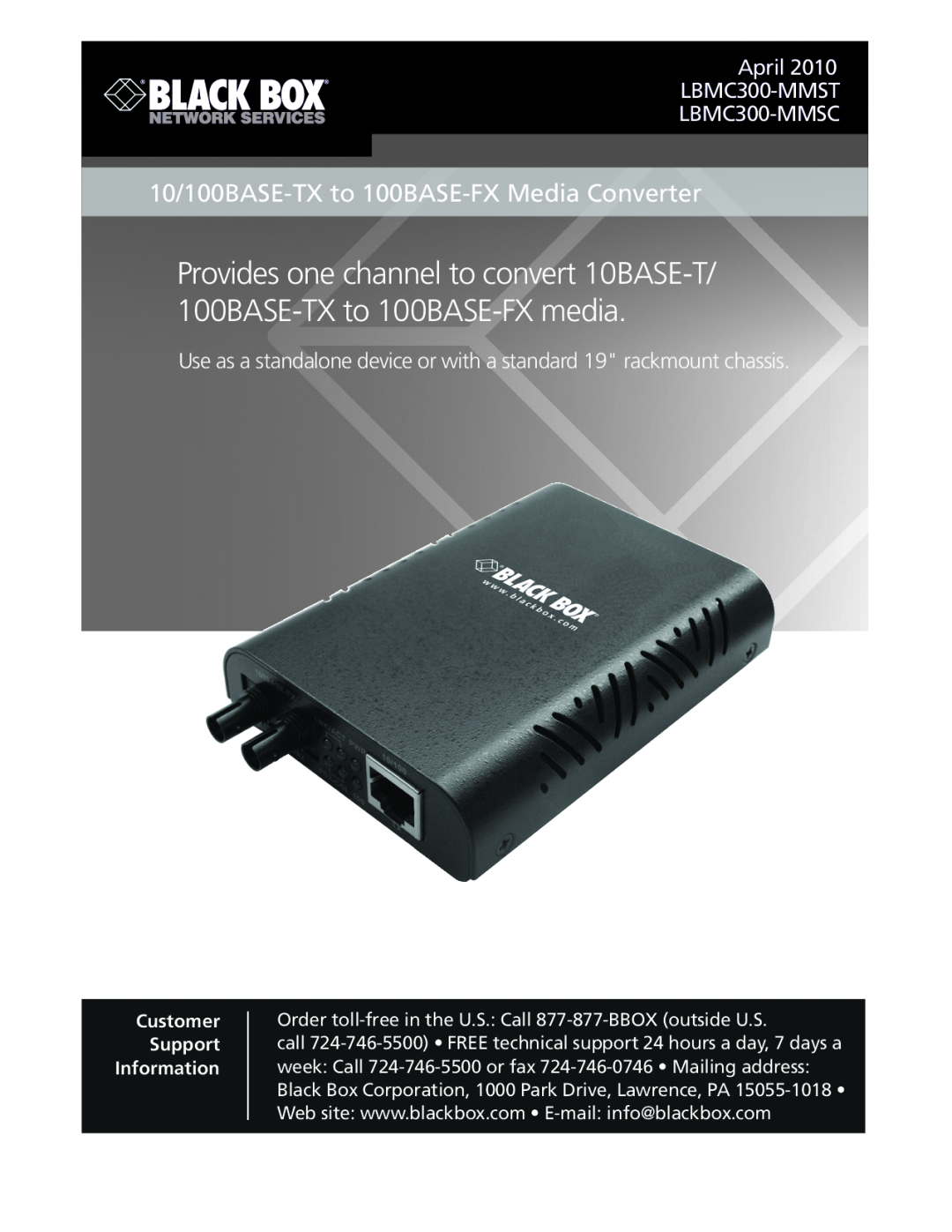 Black Box manual 10/100BASE-TX to 100BASE-FX Media Converter, April LBMC300-MMST LBMC300-MMSC 