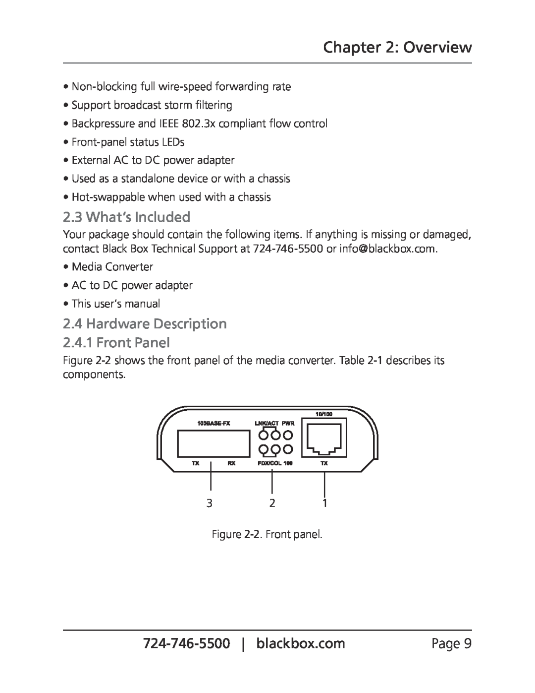 Black Box LBMC300-MMSC, LBMC300-MMST manual Overview, What’s Included, Hardware Description 2.4.1 Front Panel 
