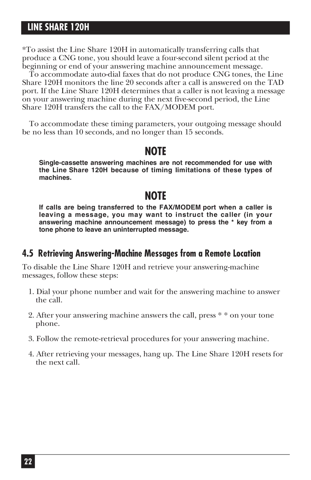 Black Box 120H manual Retrieving Answering-Machine Messages from a Remote Location 