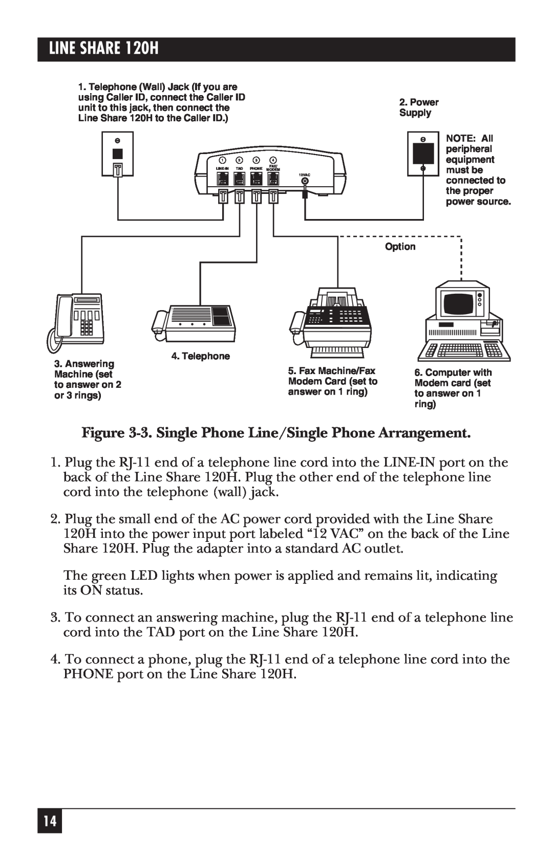 Black Box manual 3. Single Phone Line/Single Phone Arrangement, LINE SHARE 120H, Line-In, Phone Modem, 12VAC 
