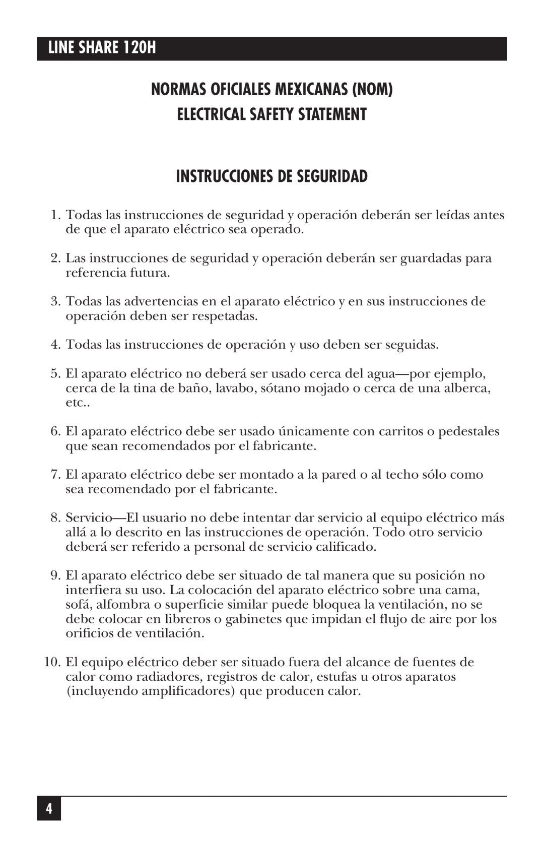 Black Box manual LINE SHARE 120H, Normas Oficiales Mexicanas Nom Electrical Safety Statement, Instrucciones De Seguridad 