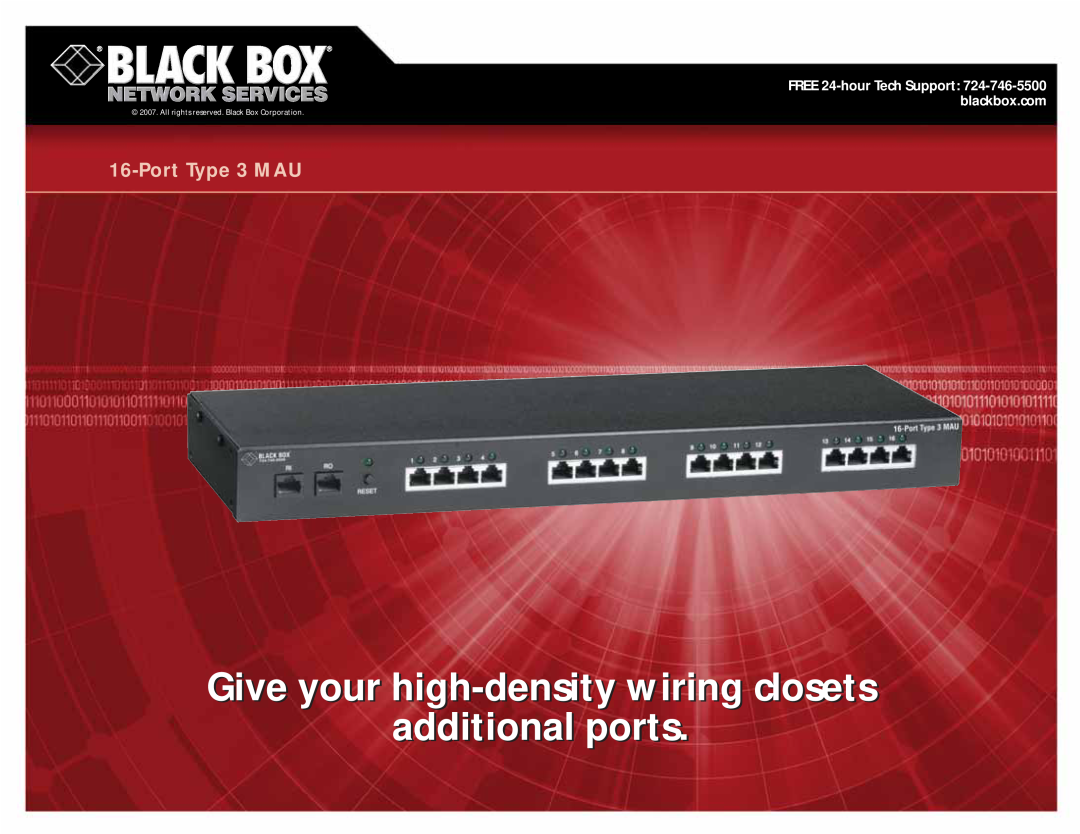 Black Box 16-Port Type 3 MAU manual Give your high-densitywiring closetsts, additional ports, PortType 3 MAU 