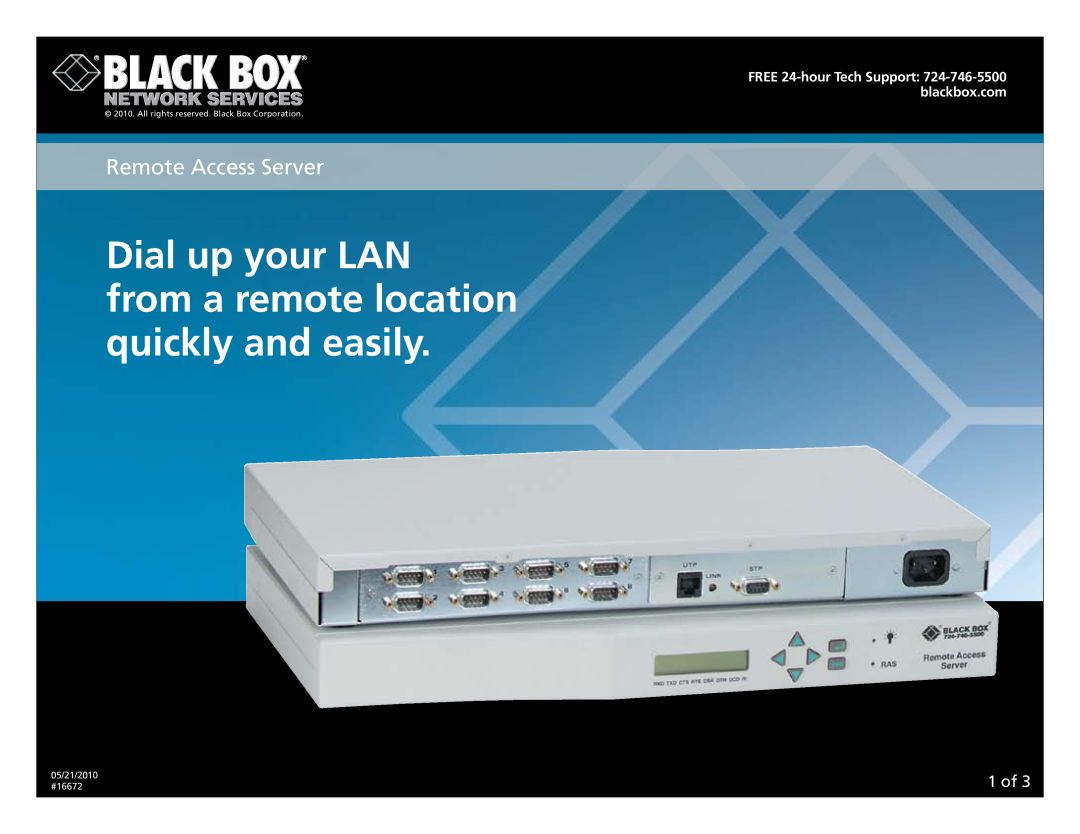 Black Box 16672 manual Dial up your LAN from a remote location quickly and easily, Remote Access Server, 1­ of 