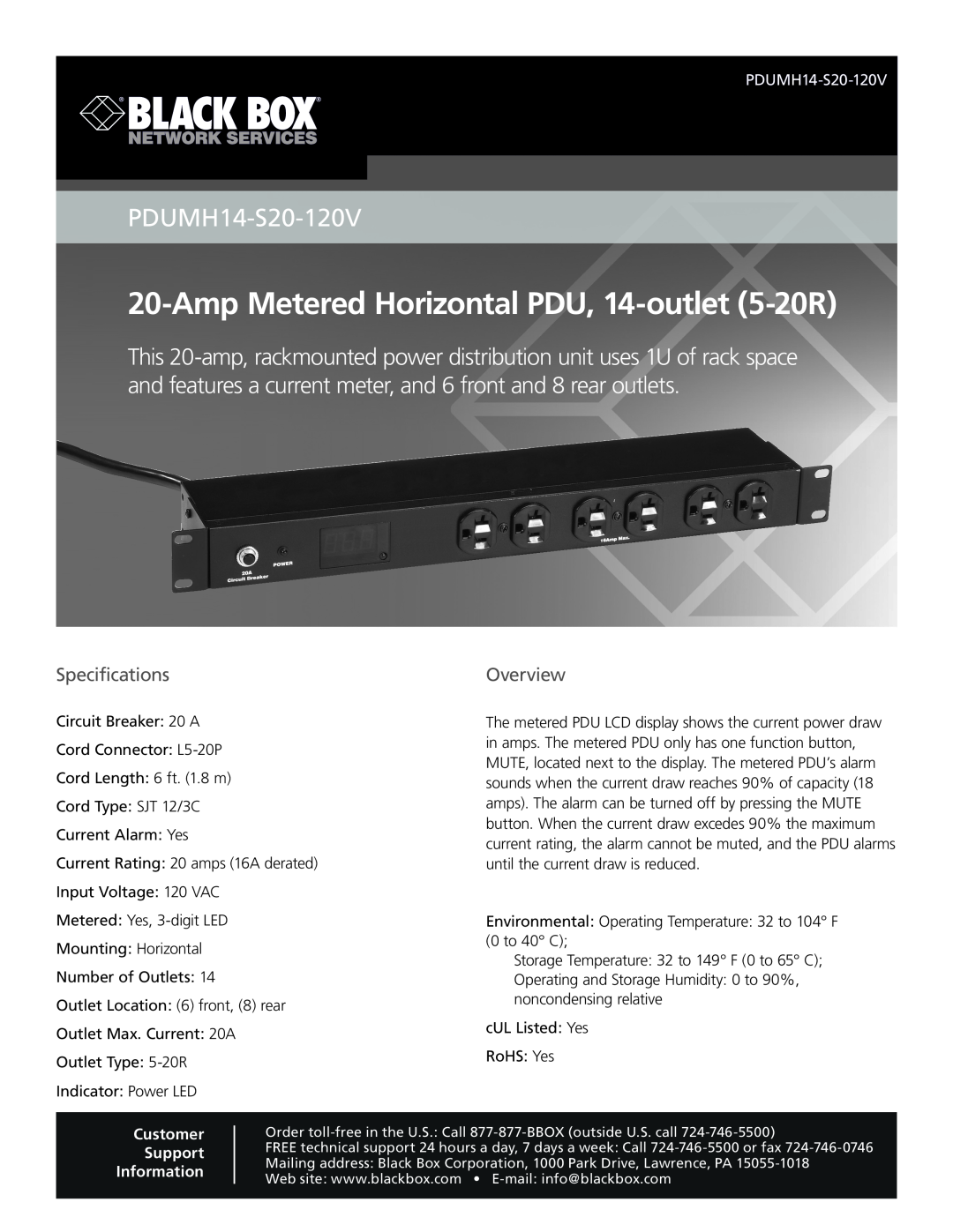 Black Box 20-Amp Metered Horizontal PDU, 14-outlet (5-20R) specifications Specifications, Overview, PDUMH14-S20-120V 