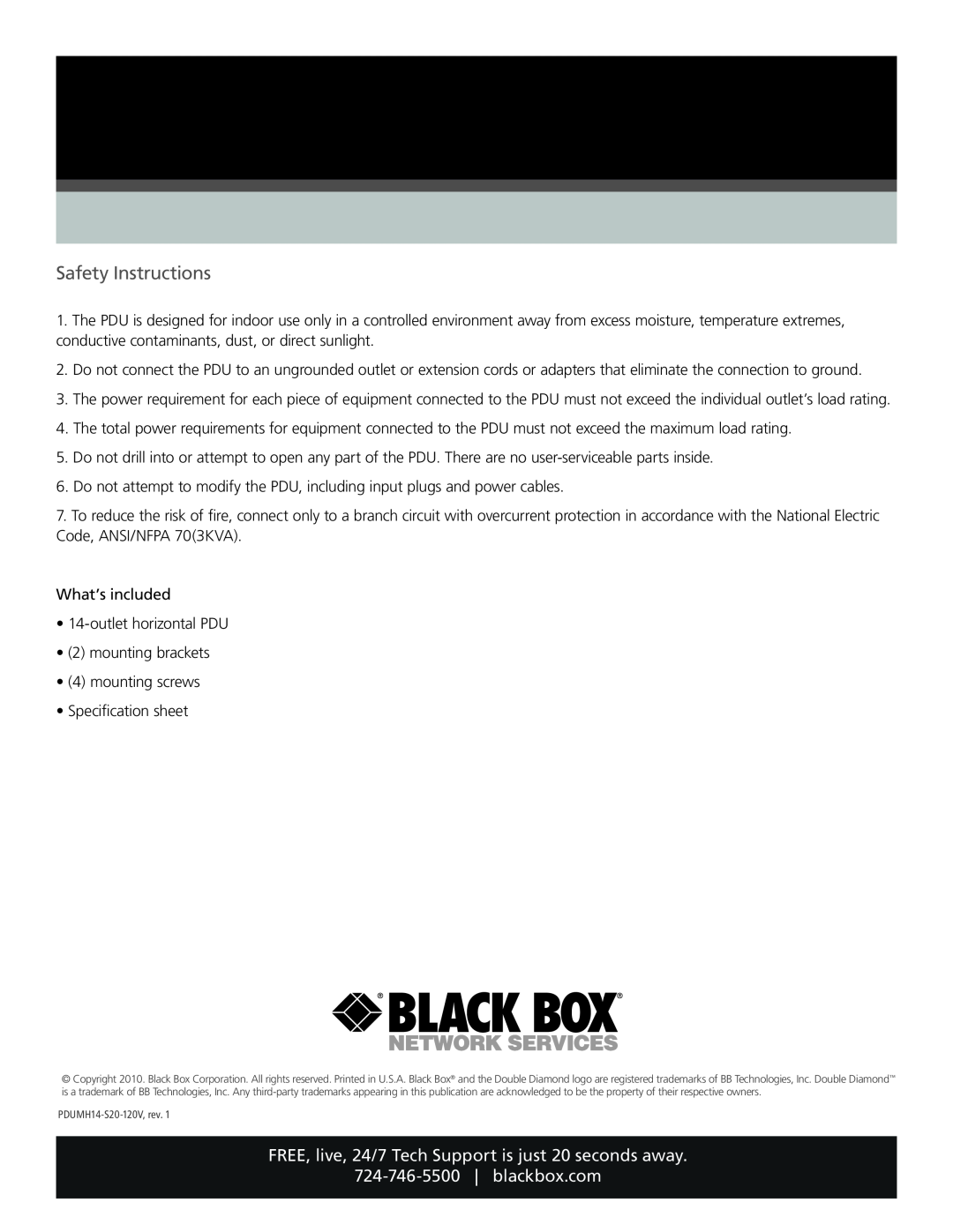 Black Box PDUMH14-S20-120V, 20-Amp Metered Horizontal PDU, 14-outlet (5-20R) Safety Instructions, blackbox.com 