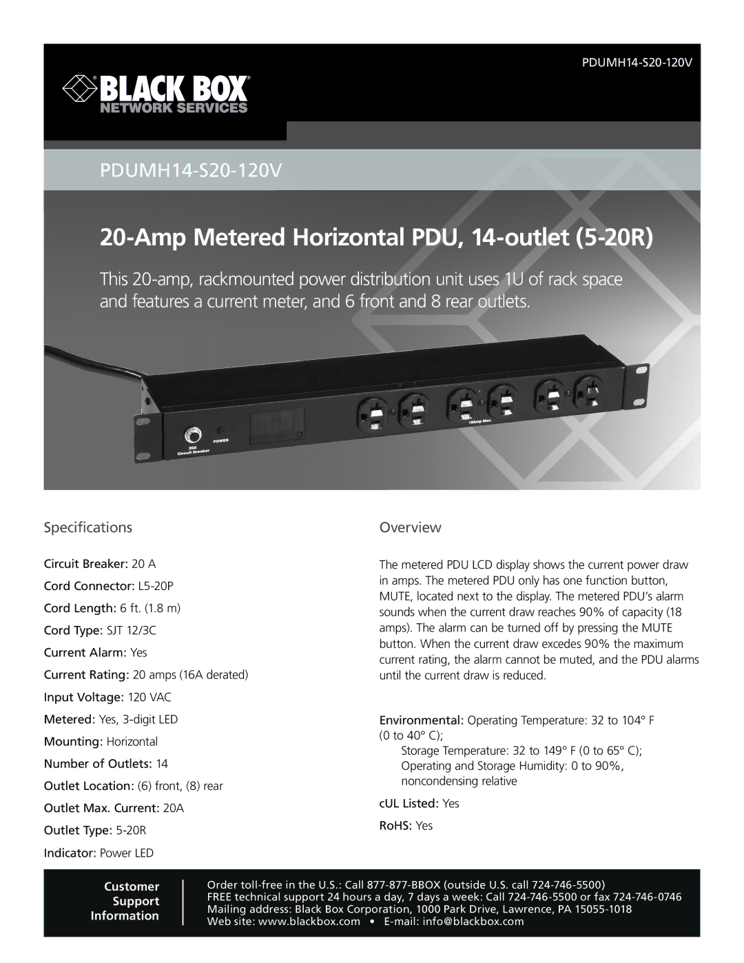 Black Box 20-Amp Metered Horizontal PDU, 14-outlet (5-20R) specifications Amp Metered Horizontal PDU, 14-outlet 5-20R 