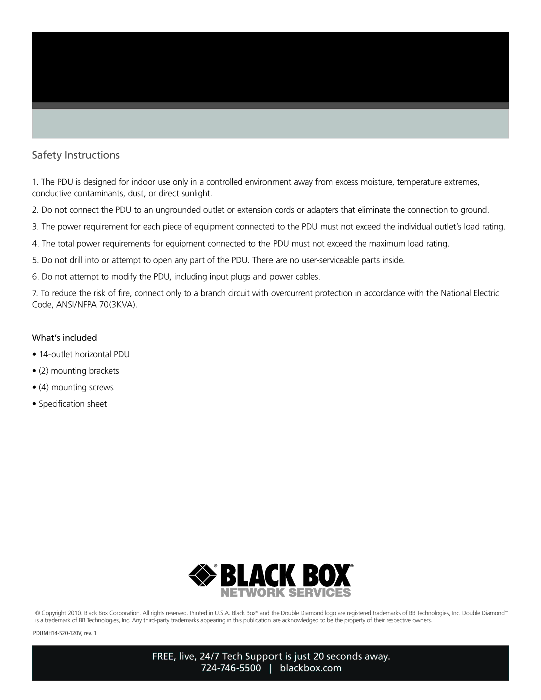 Black Box PDUMH14-S20-120V, 20-Amp Metered Horizontal PDU, 14-outlet (5-20R) specifications Safety Instructions 