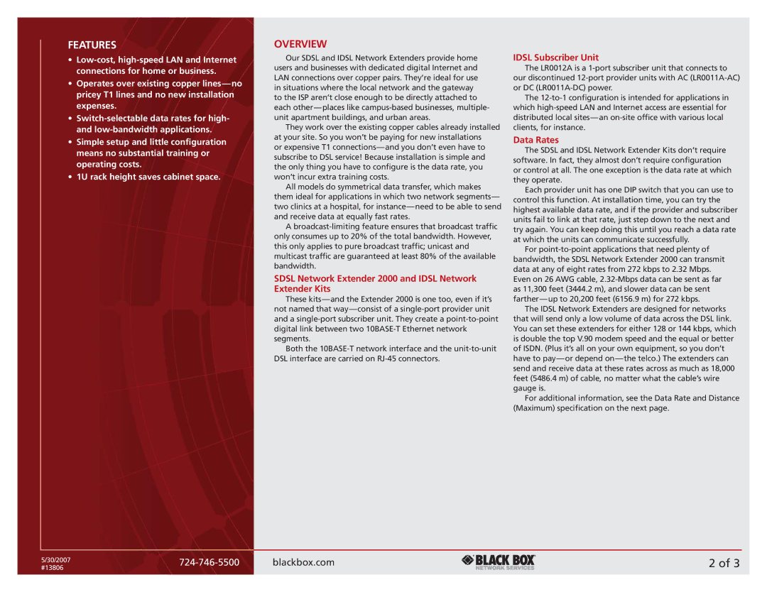 Black Box manual Overview, Sdsl Network Extender 2000 and Idsl Network Extender Kits, Idsl Subscriber Unit, Data Rates 