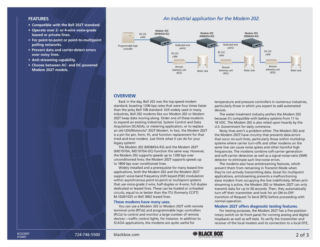 Black Box specifications Overview, These modems have many uses, Modem 202T offers diagnostic testing features 