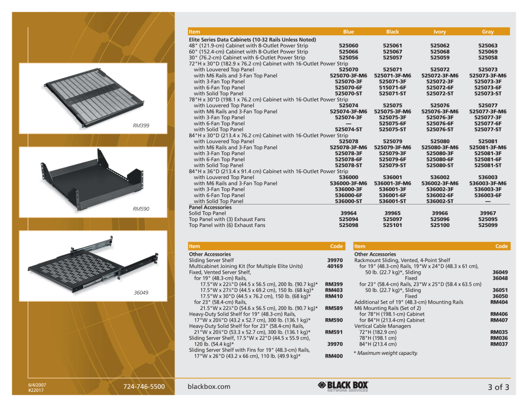 Black Box #22017 manual 3 of, blackbox.com, RM399 RM590 36049, Blue, Black, Ivory, Gray, Code, Maximum weight capacity 