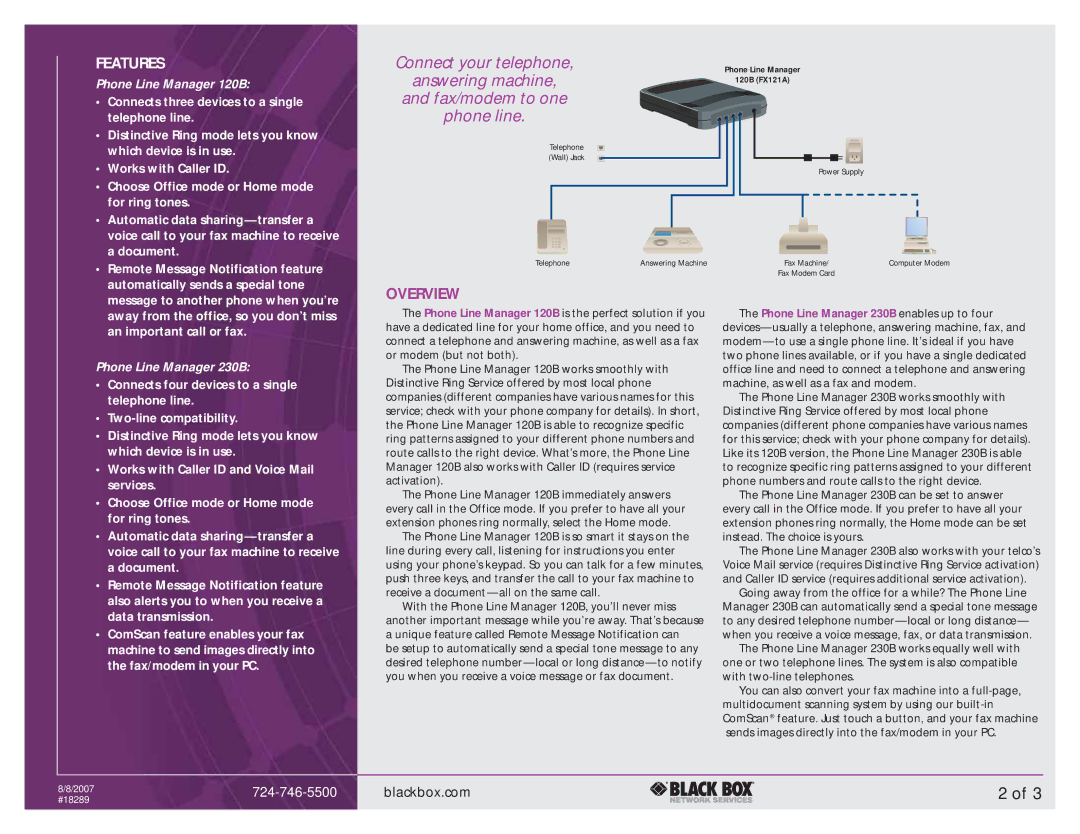 Black Box manual Overview, Phone Line Manager 120B, Phone Line Manager 230B 