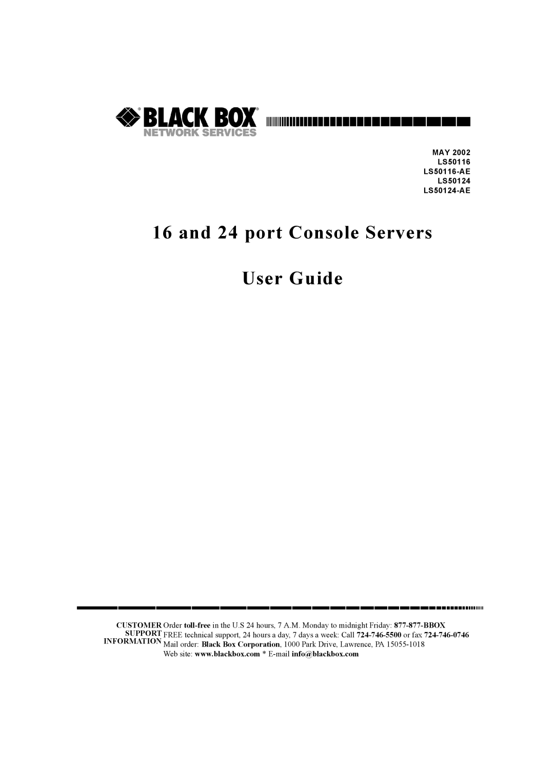 Black Box 16 port, 24 port manual port Console Servers User Guide, MAY LS50116 LS50116-AE LS50124 LS50124-AE 