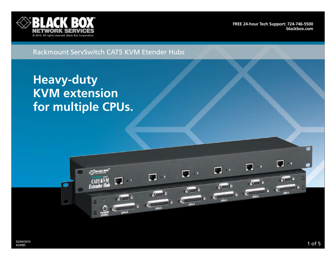 Black Box 24985 manual Heavy-dutyKVM extension for multiple CPUs, Rackmount ServSwitch CAT5 KVM Etender Hubs, 1­ of 