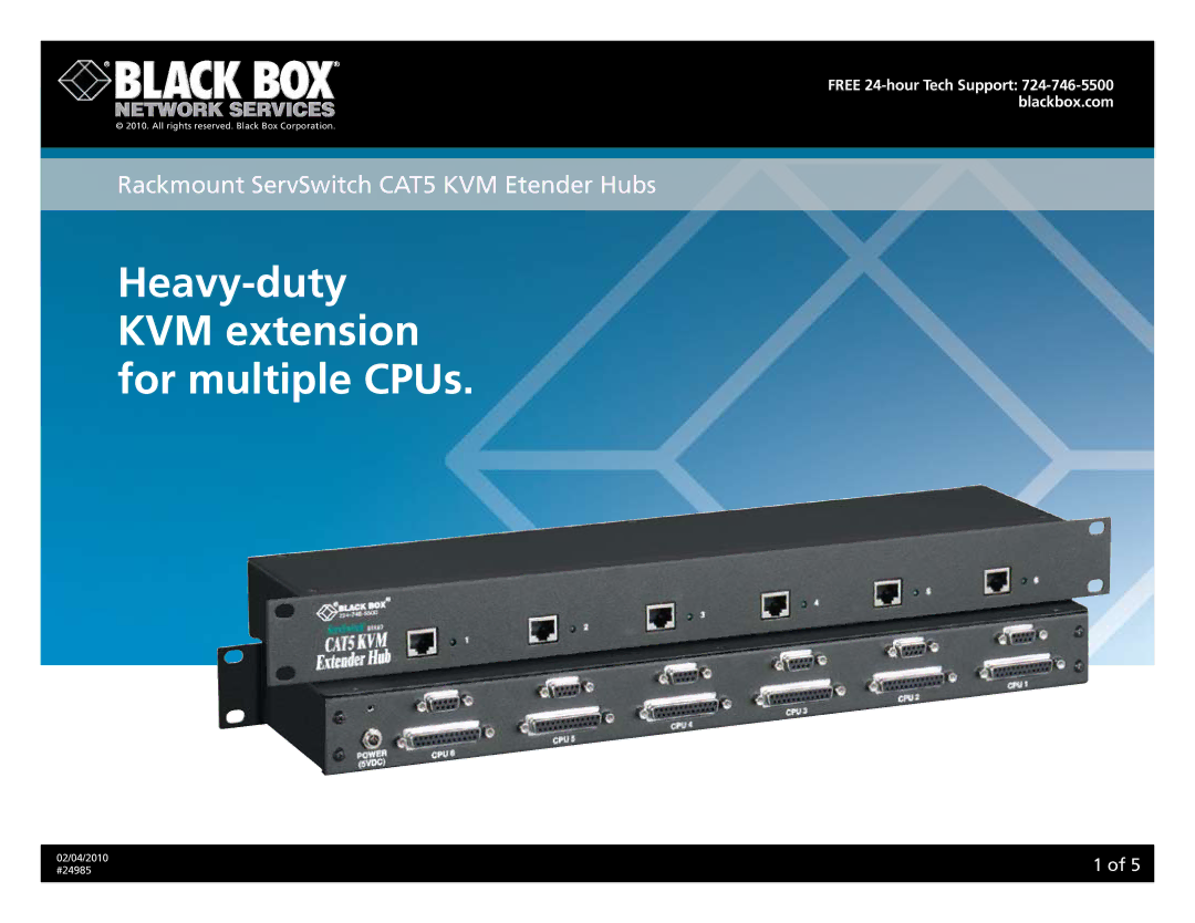 Black Box 24985 manual Heavy-duty KVM extension for multiple CPUs 