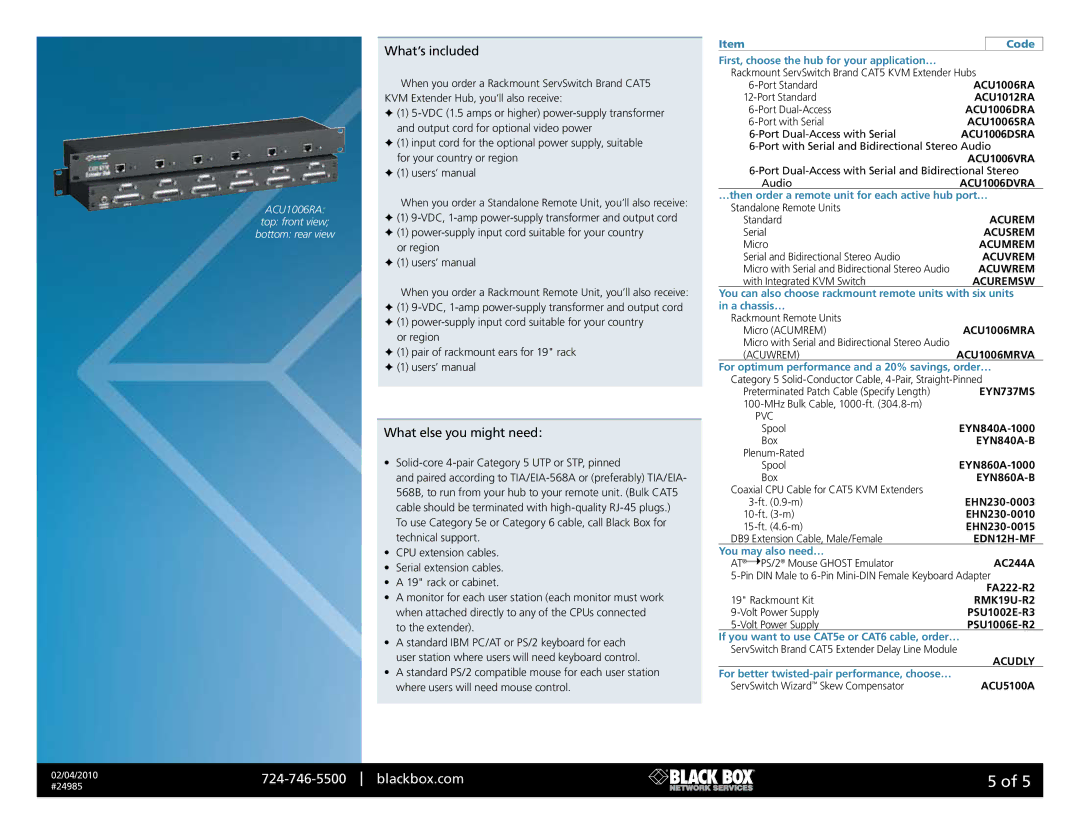 Black Box 24985 manual What’s included, Preterminated Patch Cable Specify Length 