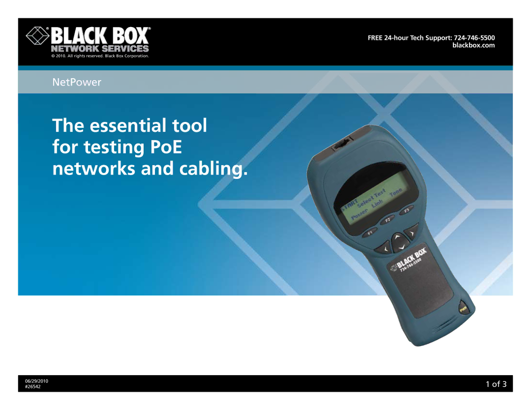 Black Box 26542 manual Essential tool for testing PoE networks and cabling 