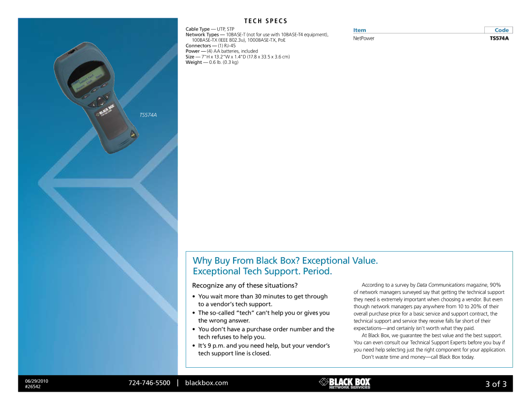 Black Box 26542 manual C h S P e c s, Recognize any of these situations?, NetPower, Cable Type UTP, STP 