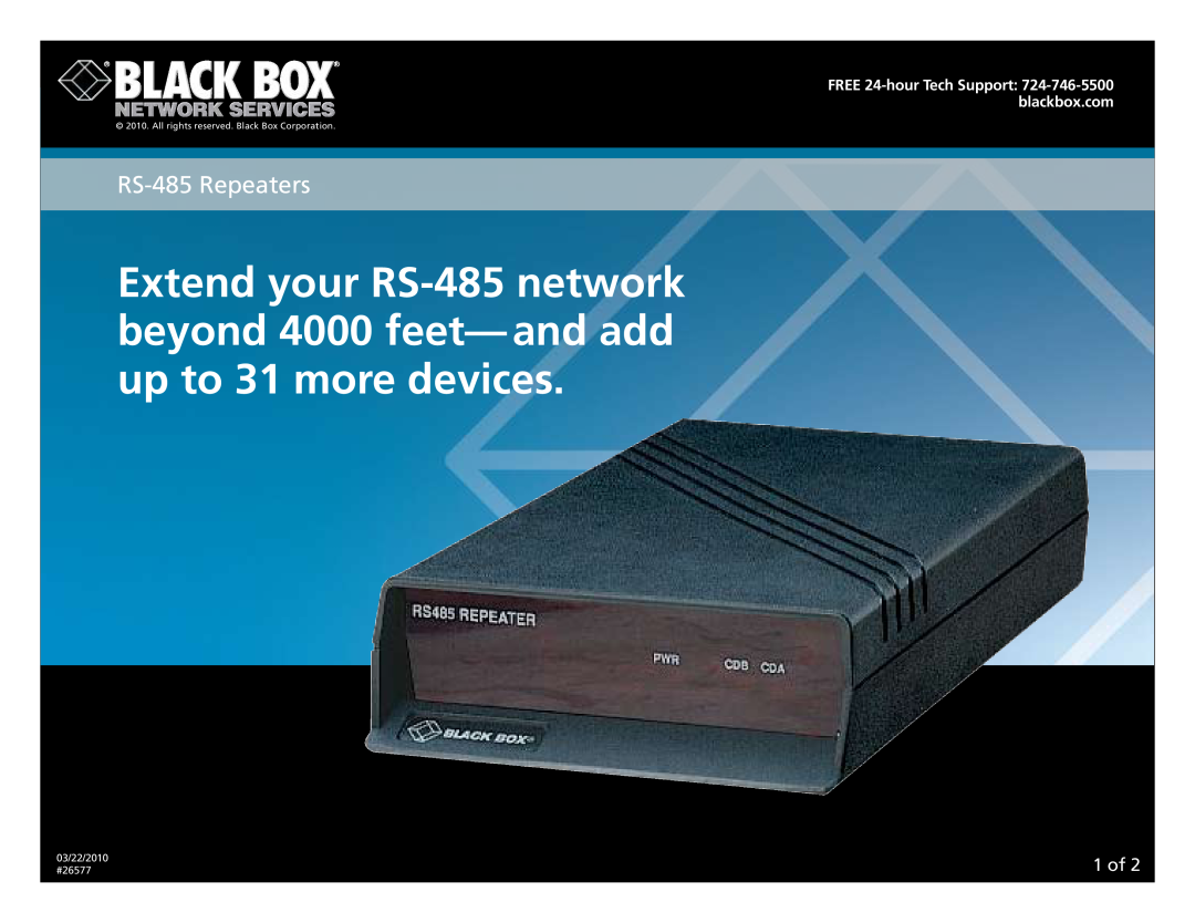 Black Box manual 1­ of, RS-485Repeaters, 03/22/2010 #26577, All rights reserved. Black Box Corporation 