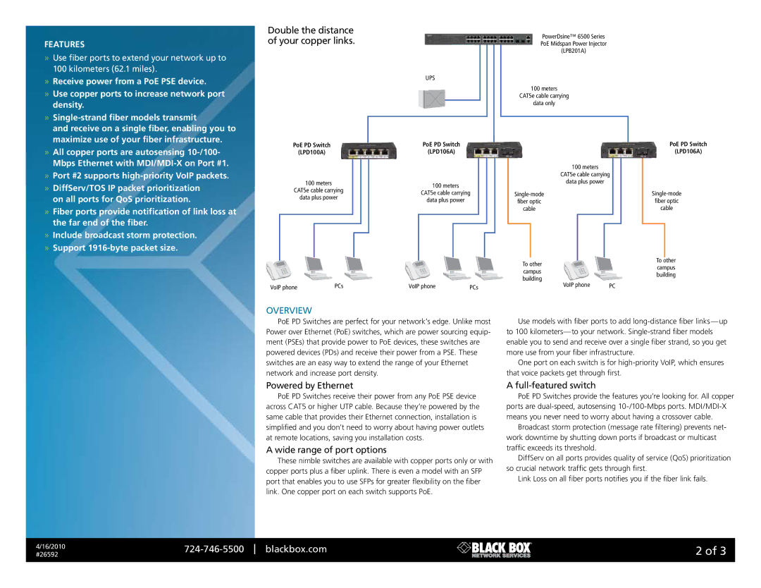 Black Box 26592 manual Double the distance of your copper links, Overview, Powered by Ethernet, Wide range of port options 