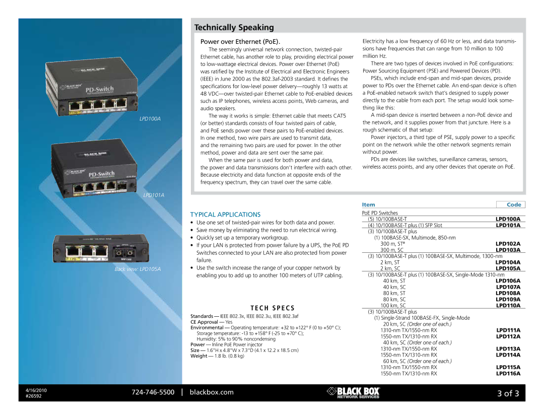 Black Box 26592 manual Power over Ethernet PoE, Typical Applications 