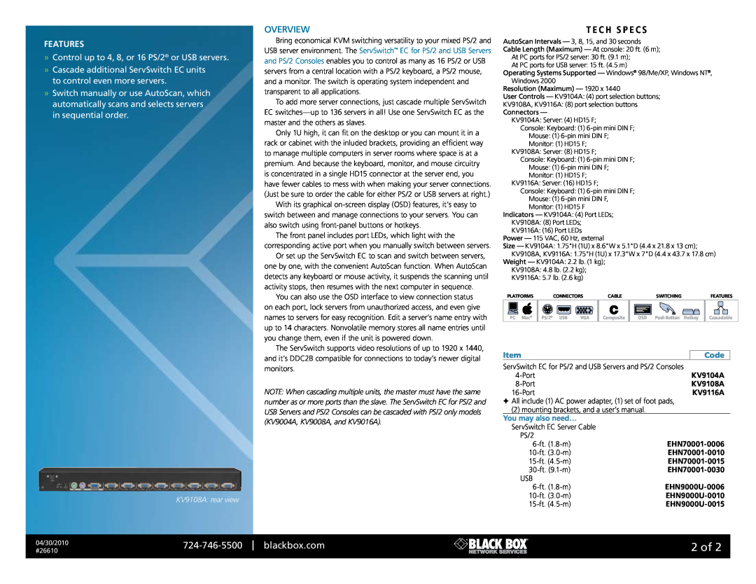 Black Box 26610 manual 2 of, Overview, T e c h S P e c s, Features 