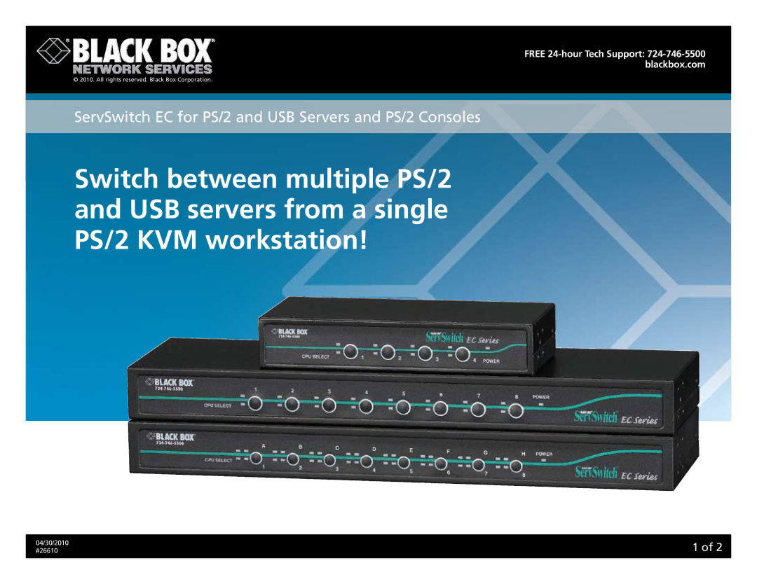 Black Box 26610 manual ServSwitch EC for PS/2 and USB Servers and PS/2 Consoles 