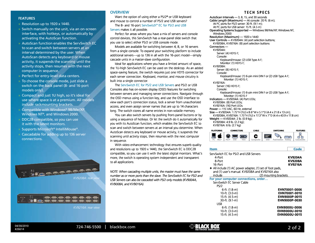 Black Box 26614 manual ­2 of, Overview, blackbox.com, T e c h S P e c s, Features 