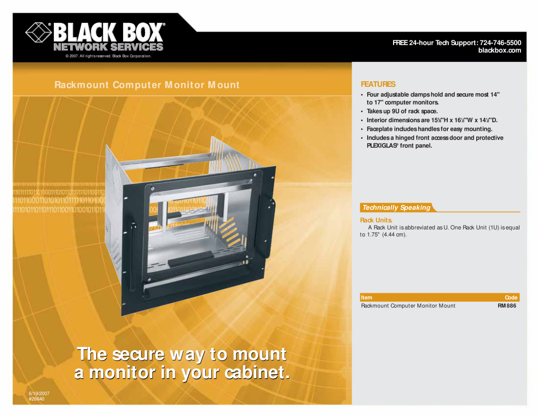 Black Box 26640 dimensions The secure way to mount a monitor in your cabinet, Rackmount Computer Monitor Mount, Features 