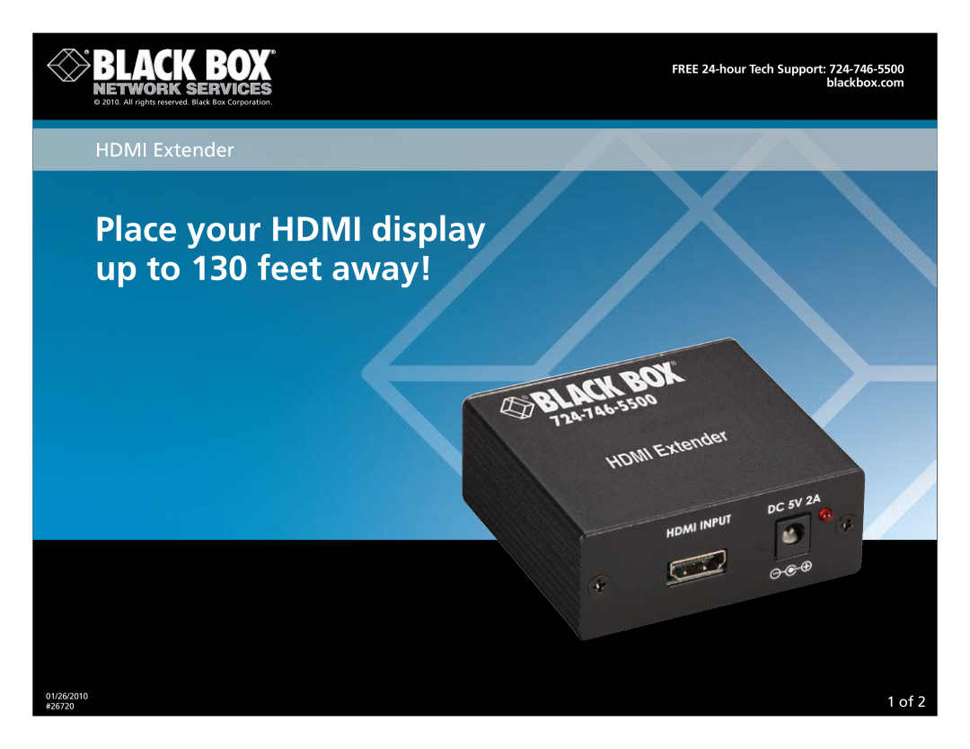 Black Box manual 1­ of, Place your HDMI display up to 130 feet away, HDMI Extender, 01/26/2010 #26720 
