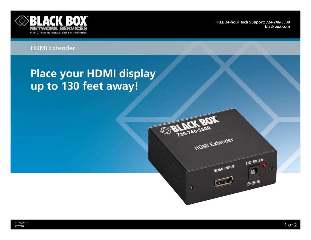 Black Box 26720 manual Place your Hdmi display up to 130 feet away 