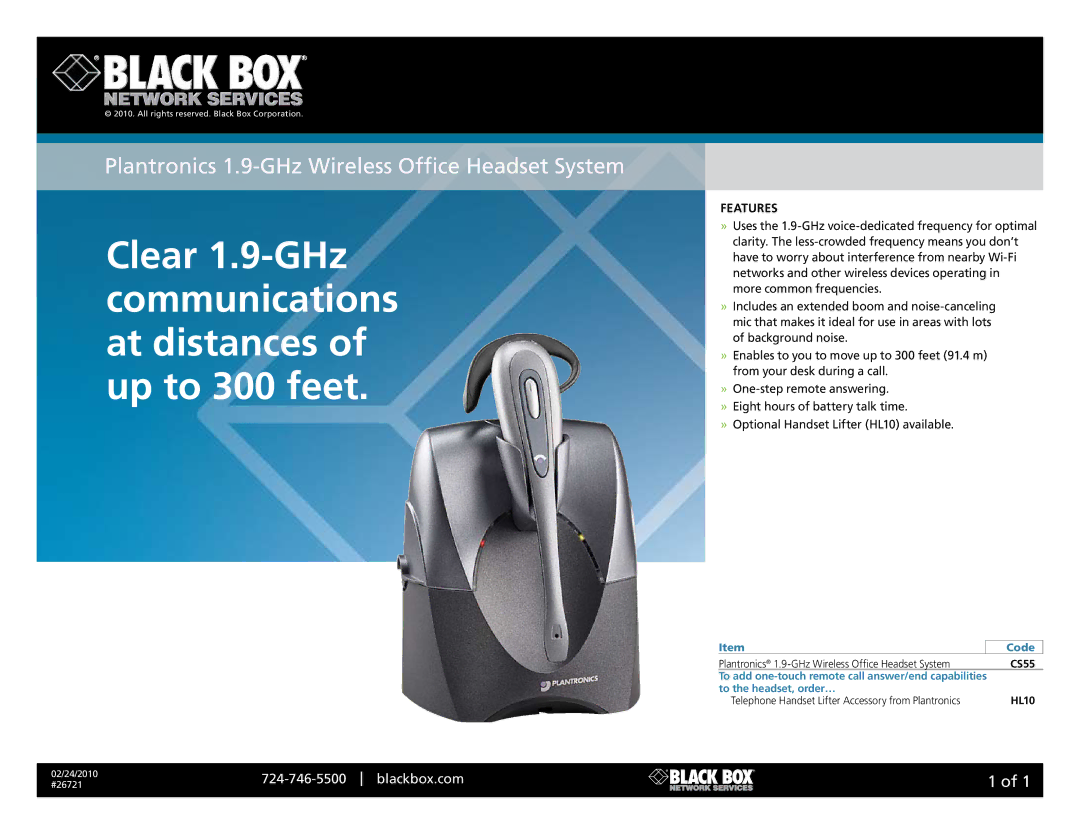 Black Box 26721 manual Clear 1.9-GHz communications at distances of up to 300 feet, Blackbox.com, Features, Code 